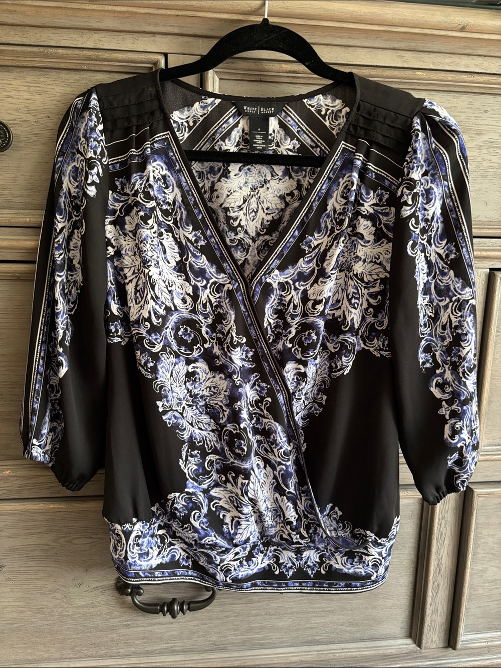 White House Black Market Black Floral Scroll Wrap Blouse